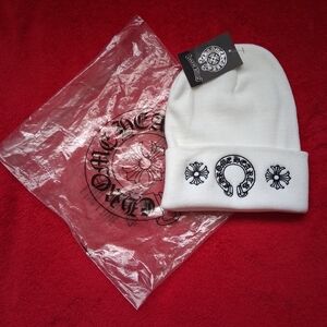 Chrome Hearts White Knit Hat with Black Logo